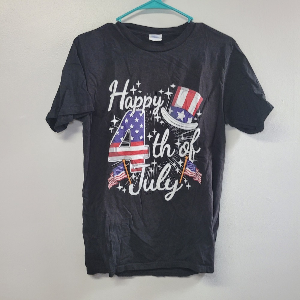 Port & Company Happy 4th of July Graphic T Shirt Small Black Cotton PC54